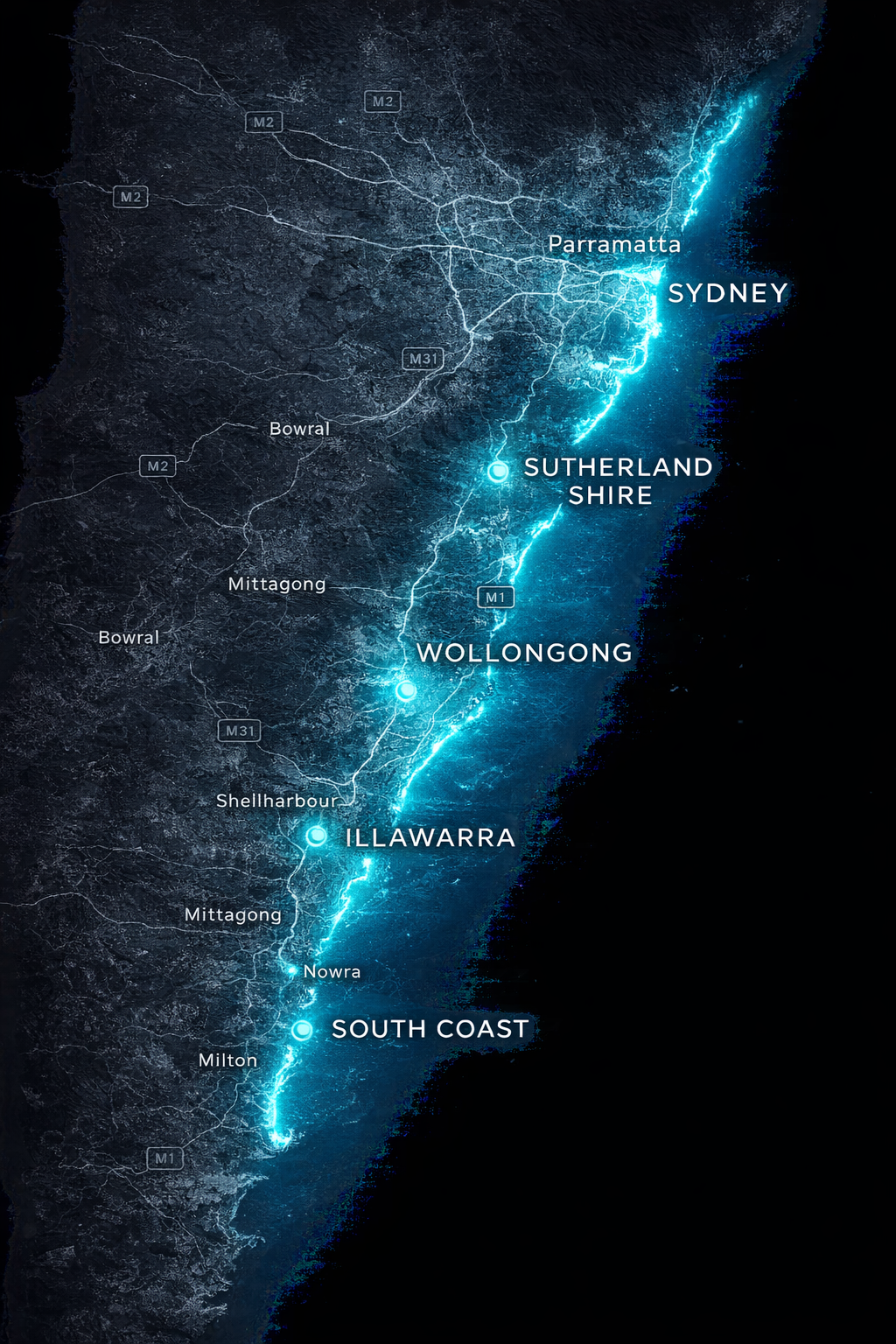 Marshall Cranes service area map covering the South Coast, Illawarra, Wollongong, Sutherland Shire and Sydney NSW